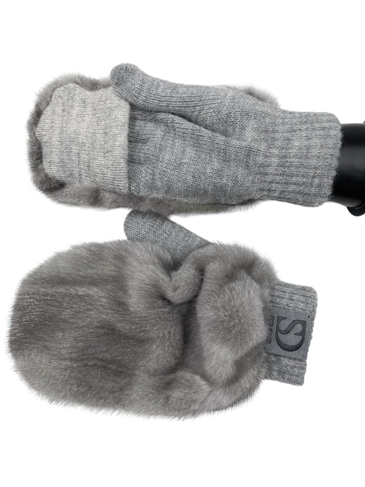 Real Mink Fur And Cashmere Mittens In Grey