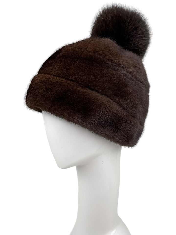 Real Mink Fur Hat With Fox Bobble In Brown