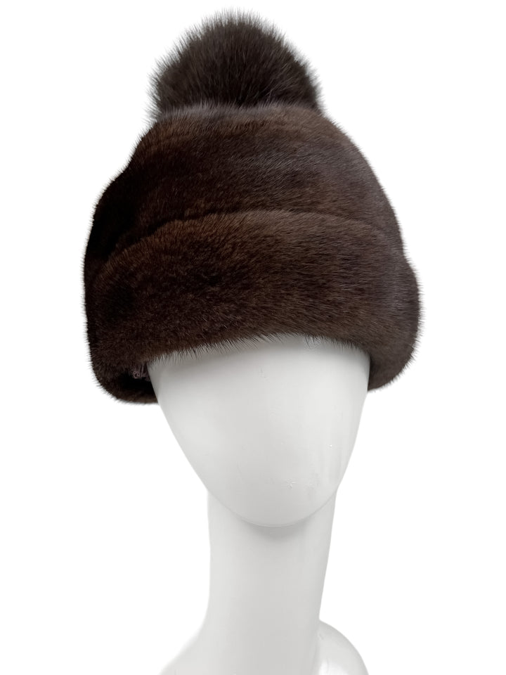Real Mink Fur Hat With Fox Pom Pom In Brown