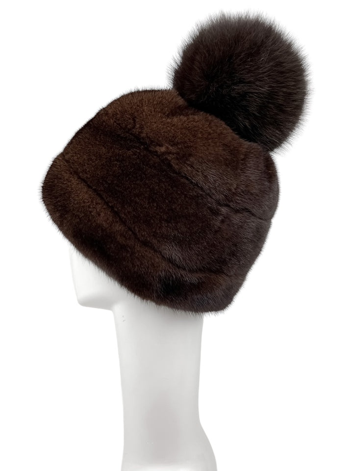 Real Mink Fur Hat With Fox Pom PomI n Mahogany Brown