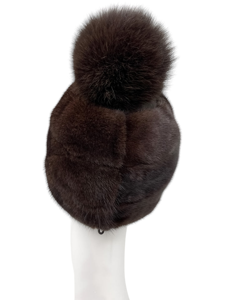 Real Mink Fur Hat With Fox Tassel In Brown