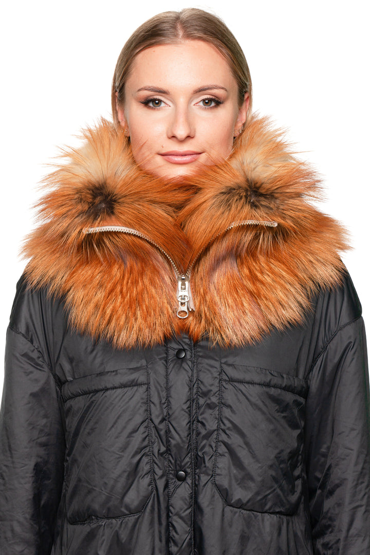 Model wearing red fox fur collar scarf with zipper, styled partially open as a luxury fur neck warmer.