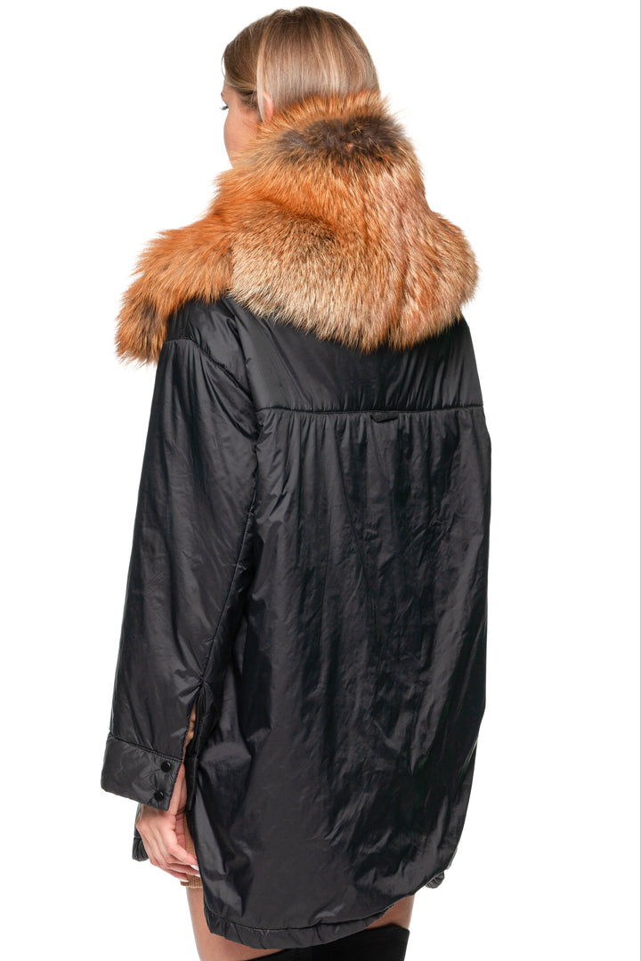 Angled back photo of red fox fur collar scarf with zipper, demonstrating how it drapes over shoulders.