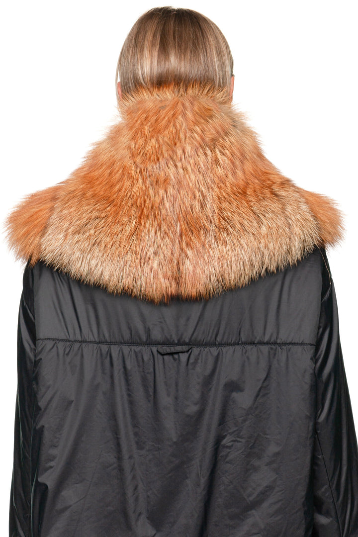 Back view of real red fox fur collar scarf with zipper, showing natural fur gradient and shoulder coverage.