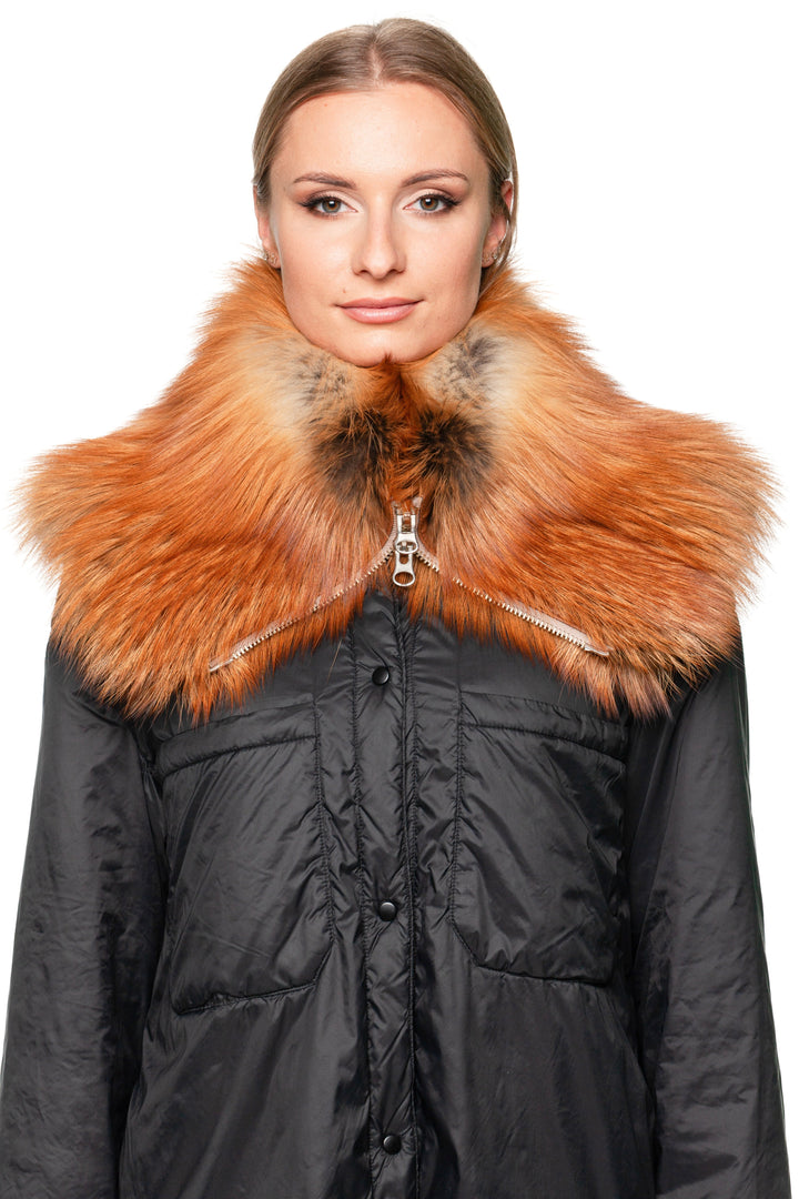 Close-up of red fox fur collar scarf with metallic zipper closure, handmade luxury accessory by FurbySD.