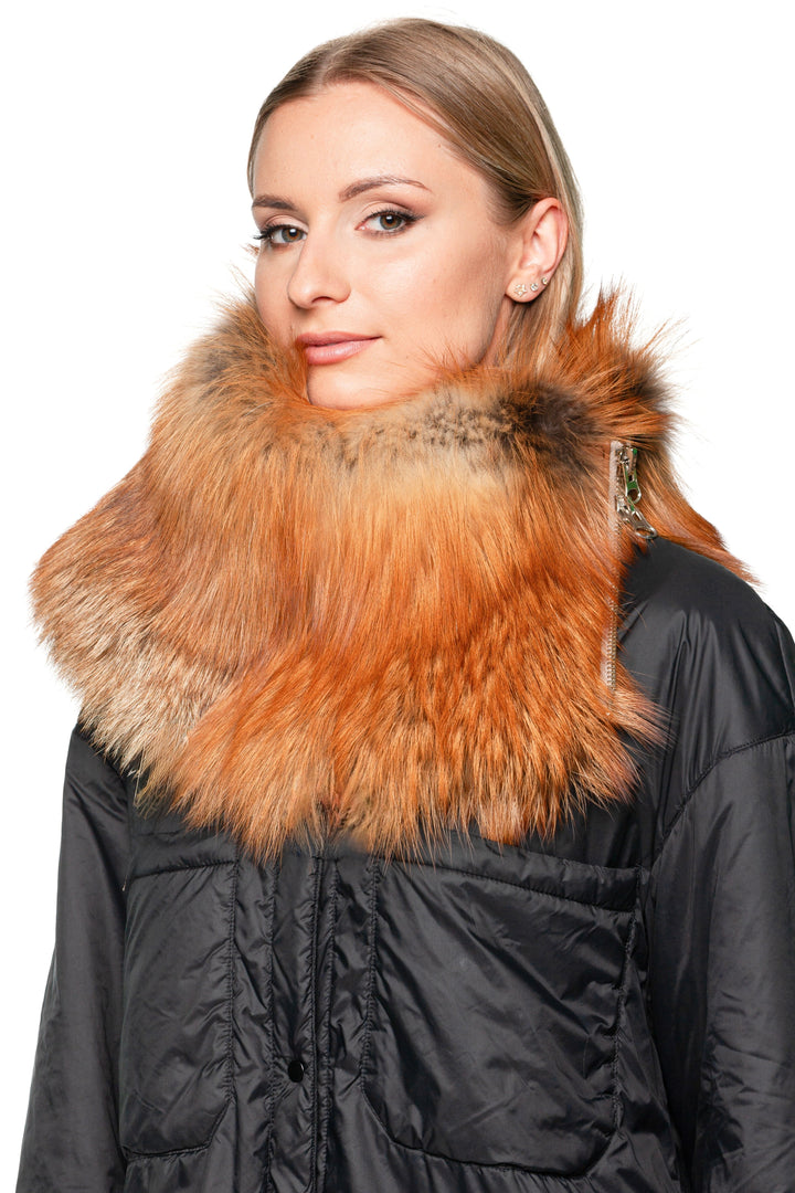 Model wearing red fox fur collar scarf with zipper, styled diagonally around neck for a modern look.