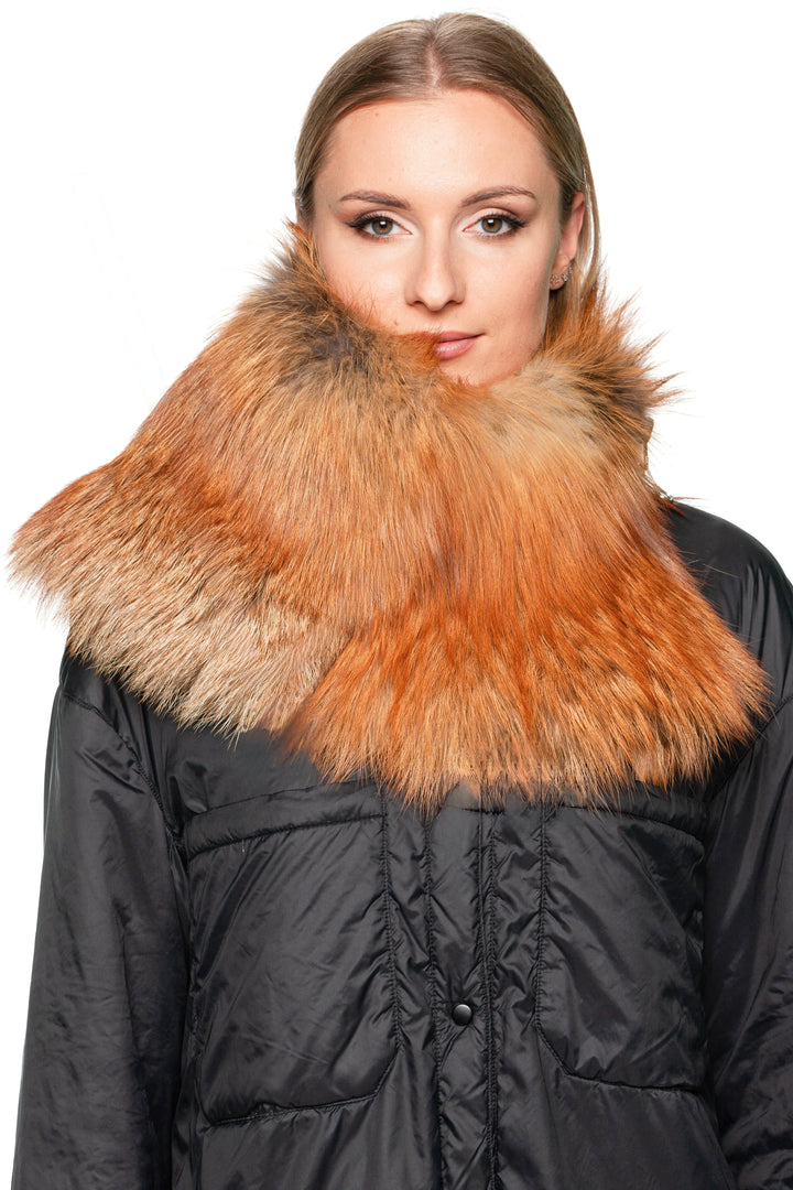 Model wearing red fox fur collar scarf with zipper, styled diagonally around neck for a modern look.