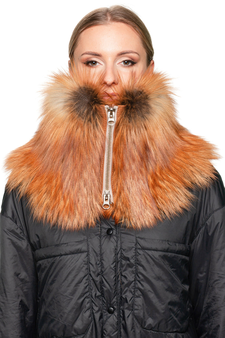 Red fox fur collar scarf zipped up fully, worn as a fluffy fur snood or neck warmer for winter.