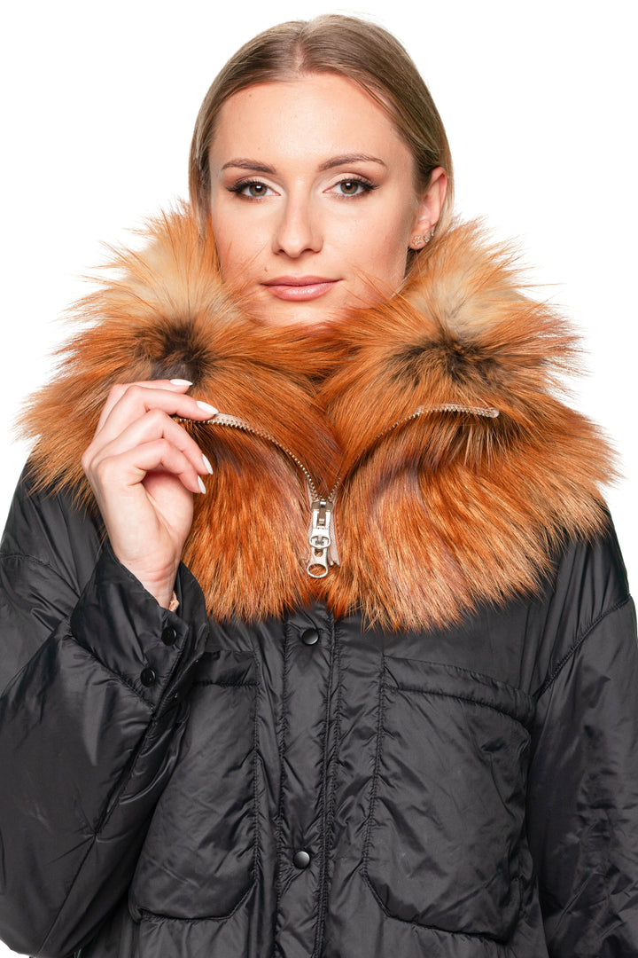 Front image of handmade red fox fur collar scarf with zipper, worn open as an elegant detachable fur collar.