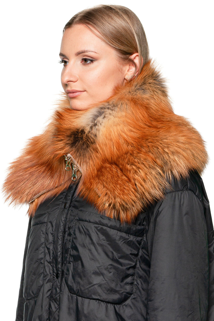 Side profile of woman wearing genuine red fox fur collar scarf with zipper, showing fluffy natural fur texture.