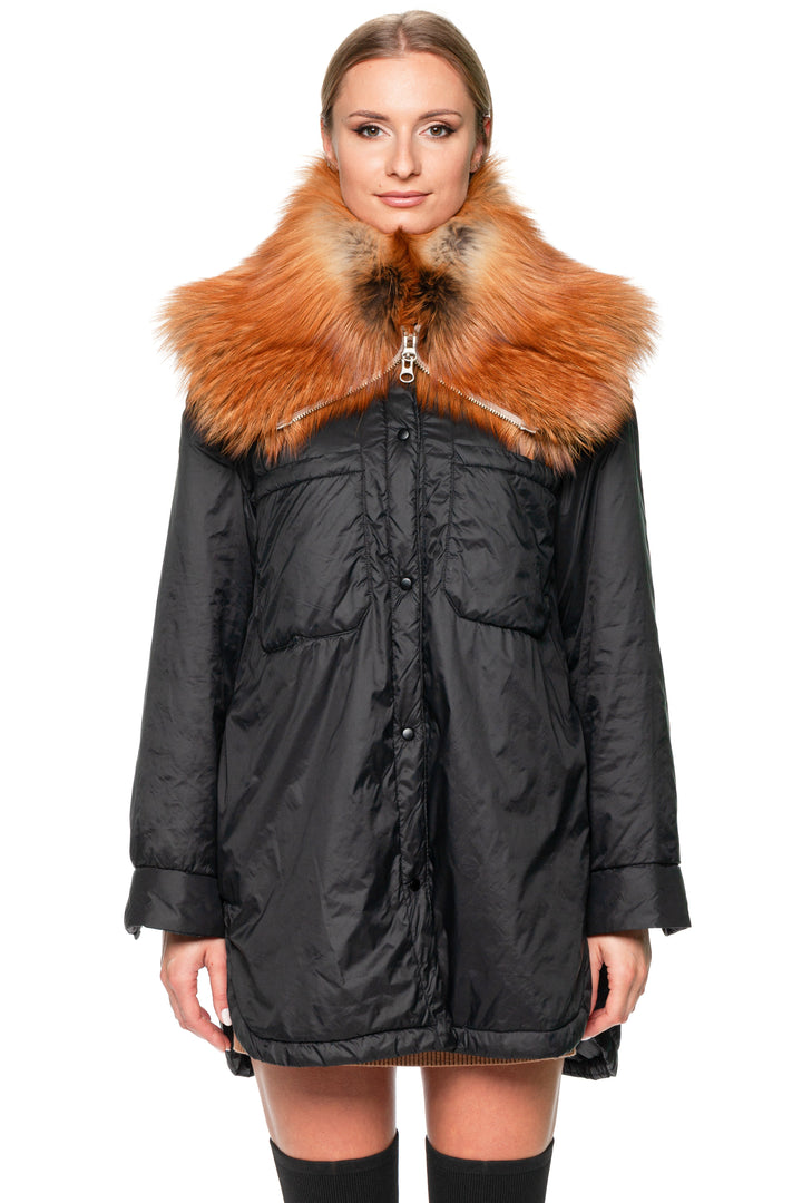 Model wearing red fox fur collar scarf with zipper, styled partially open as a luxury fur neck warmer.