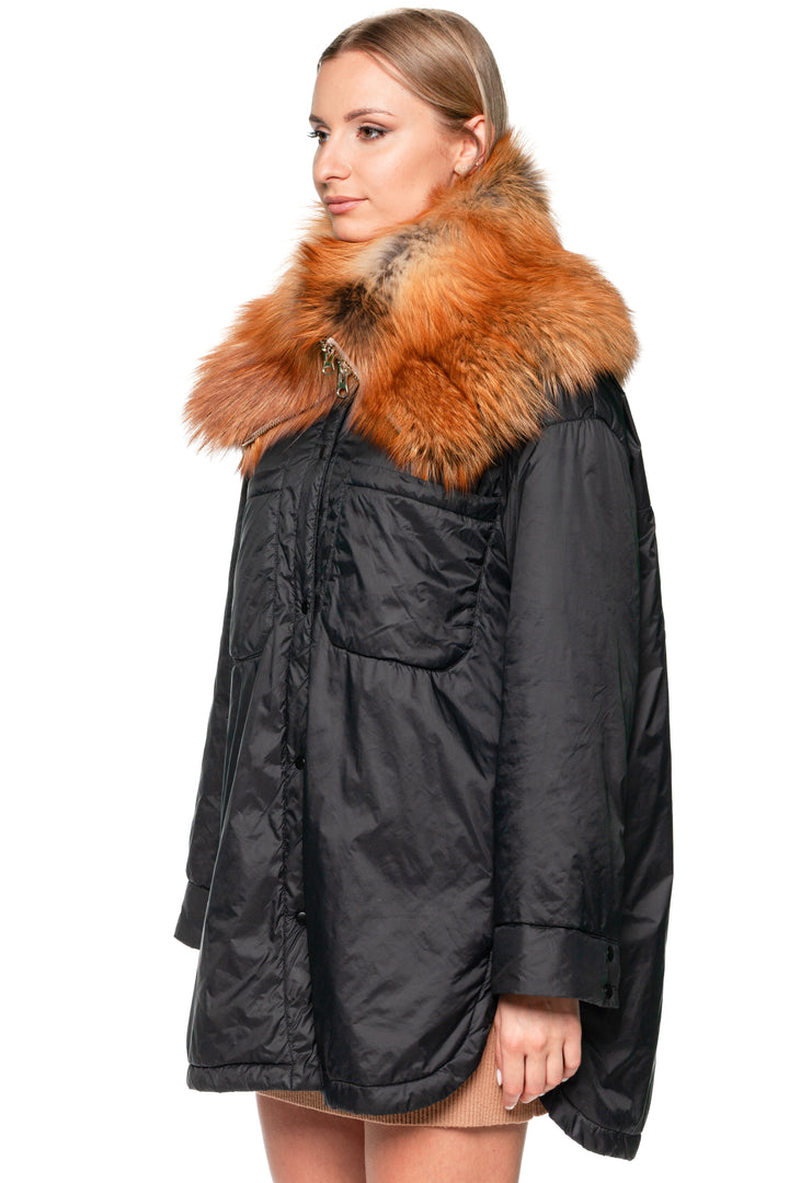 Side image of red fox fur scarf collar with zipper, highlighting thick, soft, natural fox fur.