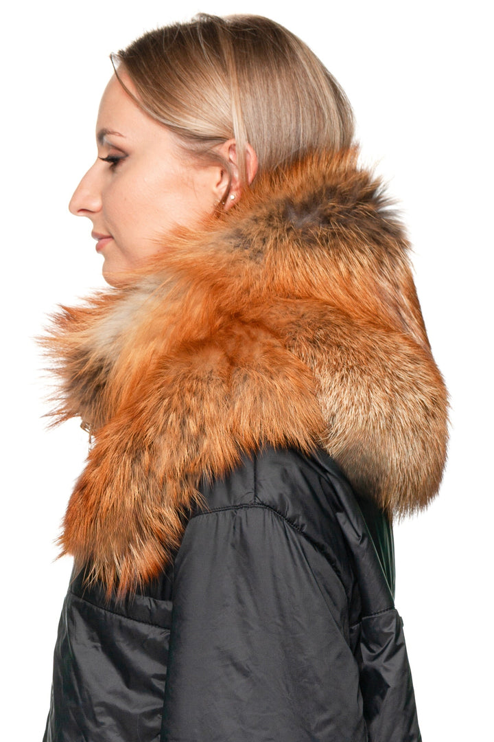 Close-up side image of red fox fur scarf collar with zipper, highlighting thick, soft, natural fox fur.
