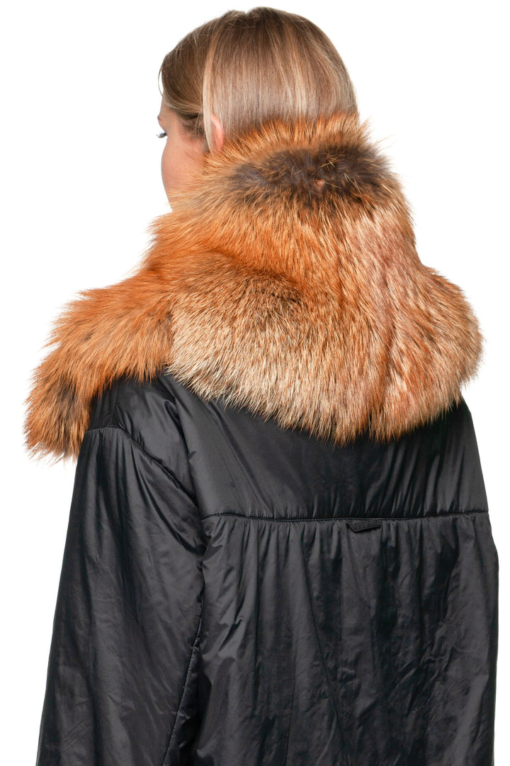 Angled back photo of red fox fur collar scarf with zipper, demonstrating how it drapes over shoulders.