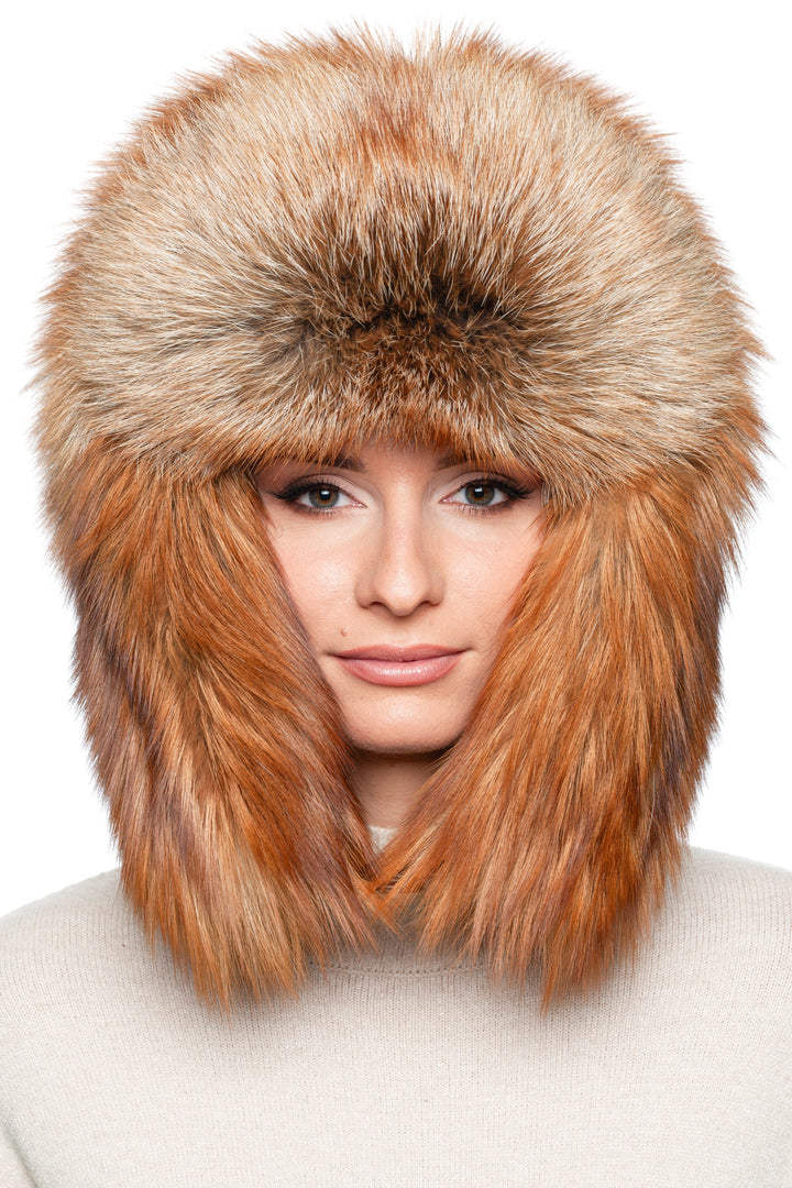Front view of natural red fox fur ushanka hat, real fur trapper shapka with fluffy earflaps, handmade unisex Russian winter hat.