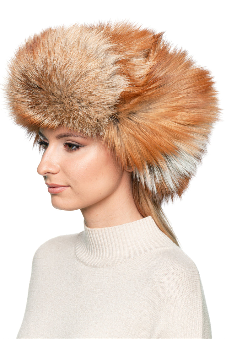 Fluffy red fox fur trapper hat styled as a Russian ushanka, natural full fur winter shapka with wide crown, handmade unisex ski hat.