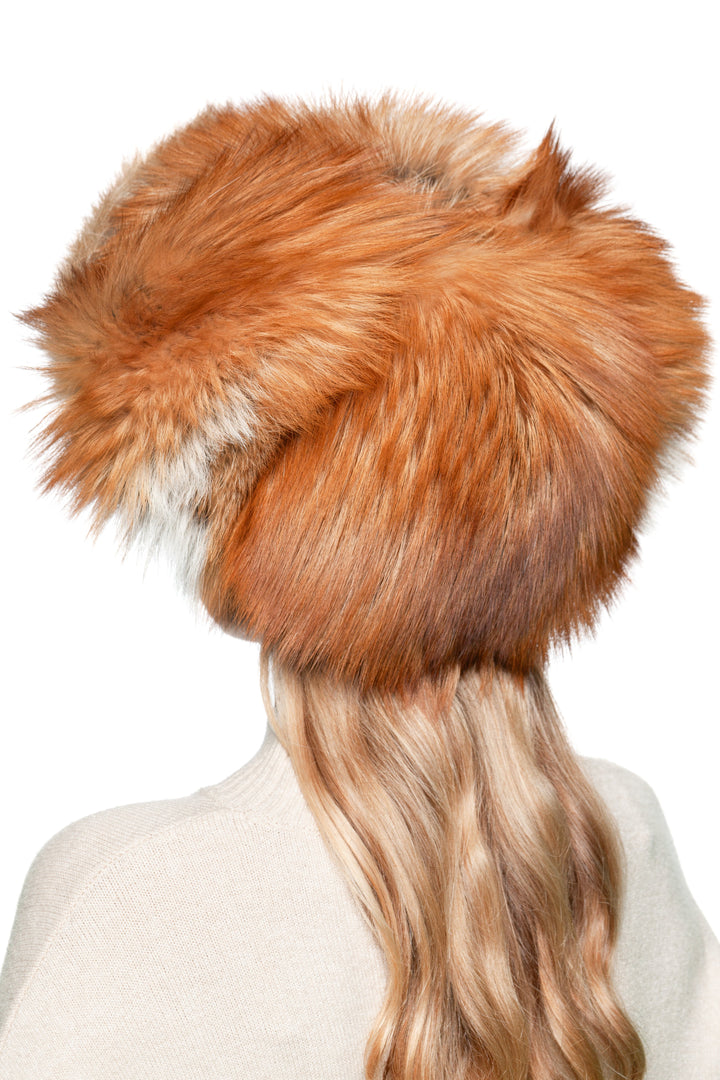 Authentic red fox fur Russian ushanka hat with long fluffy earflaps, real fur trapper hat for skiing and outdoor winter fashion.