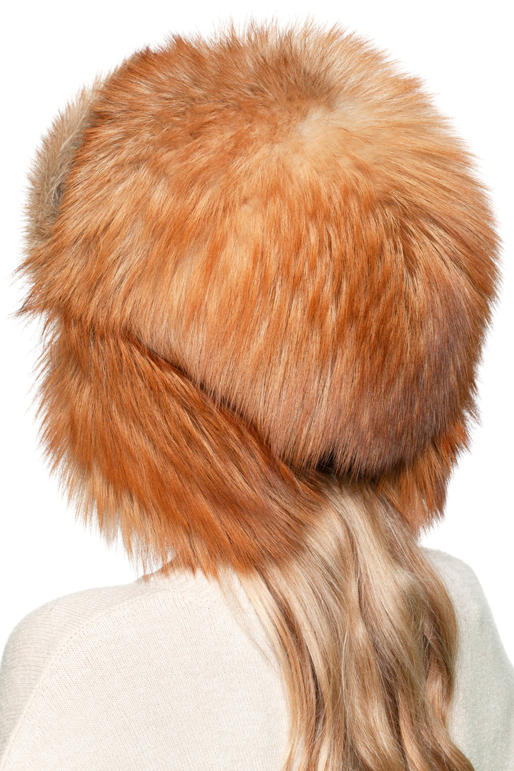 Russian style red fox fur trapper hat with large crown and long earflap, real fur ushanka hat for skiing and cold winters.