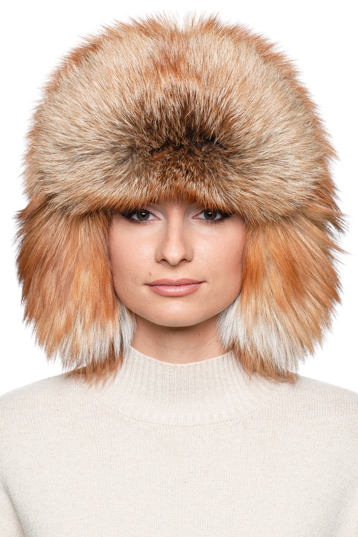 Unisex red fox fur ushanka trapper hat with earflaps down, handmade real fur Russian winter shapka for men and women.