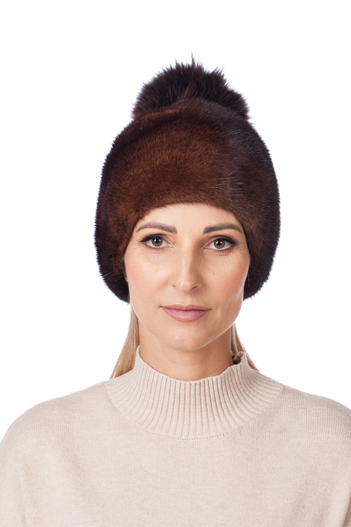Reddish Brown Mink Fur Hat With Fox Fur Bobble