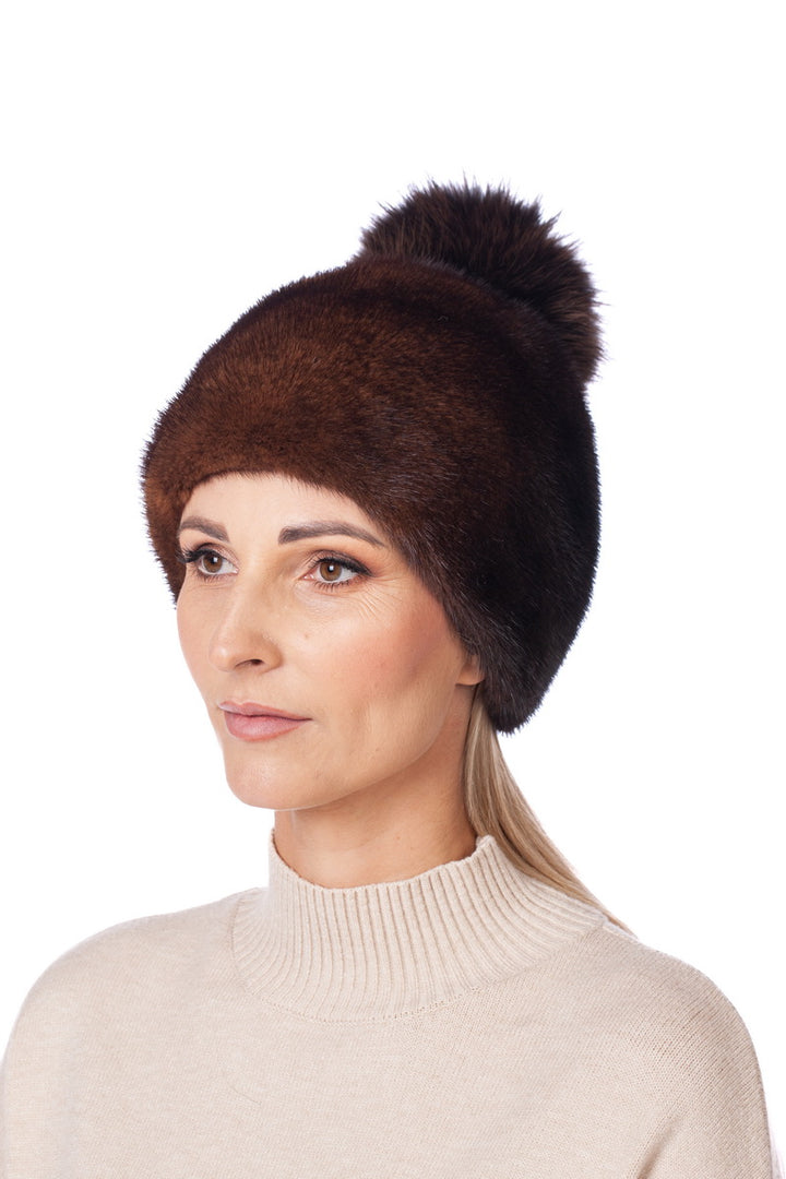 Reddish Brown Mink Fur Hat With Fox Fur Pom Pom