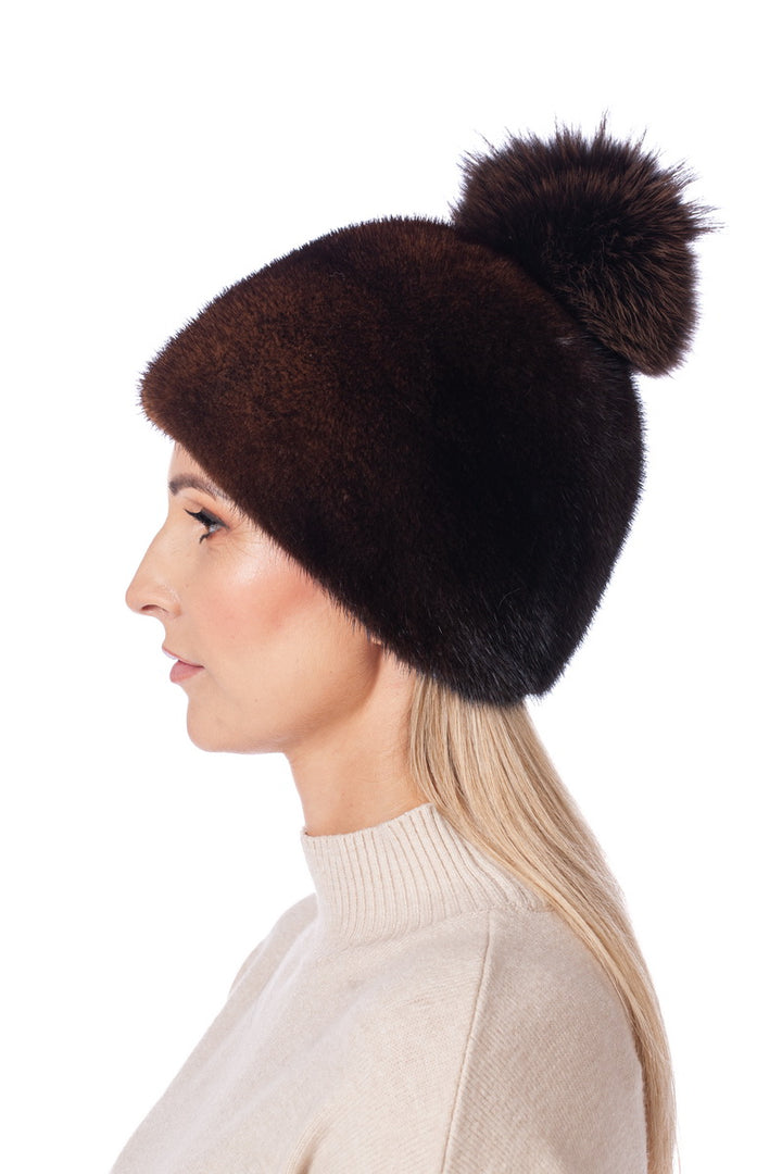 Reddish Brown Mink Fur Hat With Fox Fur Tassel