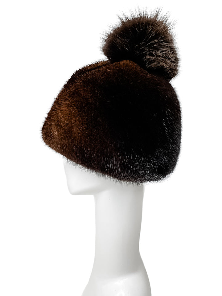 Reddish Brown Mink Fur Hat With Large Fox Fur Bobble