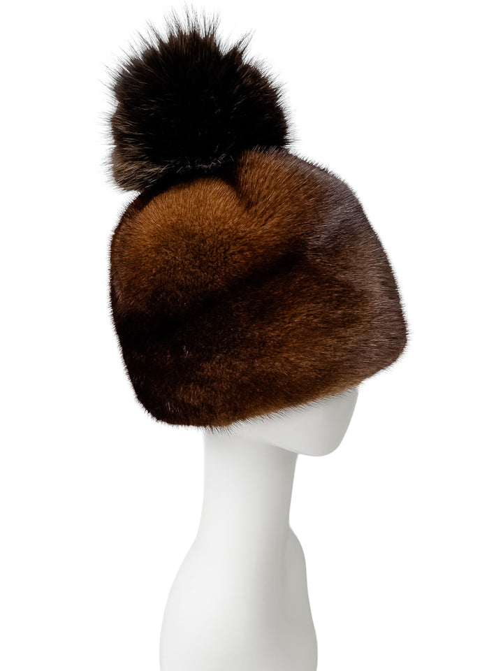 Reddish Brown Natural Mink Fur Hat With Fox Fur Bobble