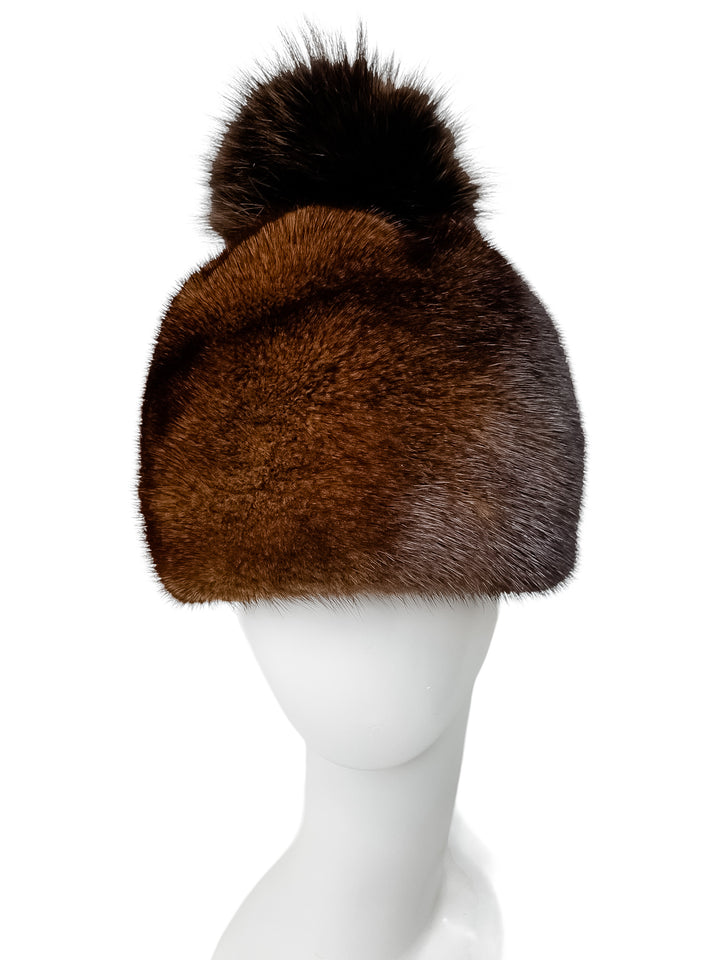 Reddish Brown Real Mink Fur Hat With Fox Fur Bobble