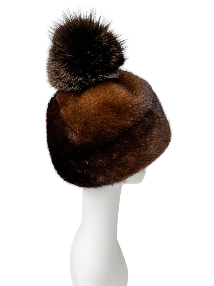 Reddish Monochrome Brown Mink Fur Hat With Fox Fur Pom Pom
