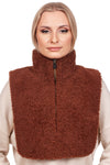 A person wearing a beige sweater is showcasing the Brown Shearling Fur Turtleneck Collar by FurbySD against a white background. This handmade accessory, made of textured fur, elegantly covers the shoulders and upper chest. The individual features light makeup and neatly styled hair.