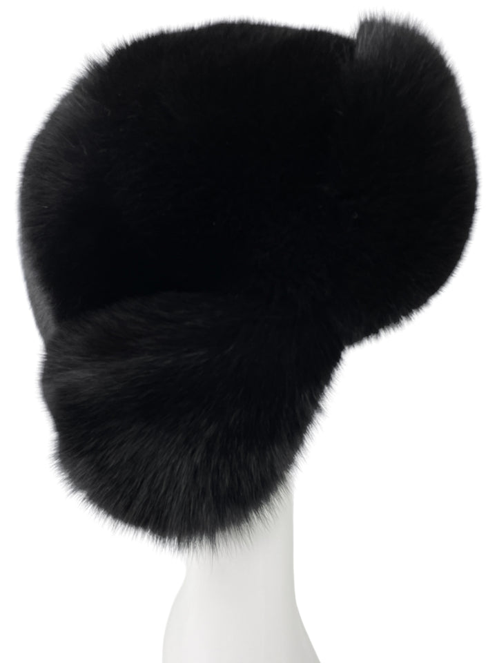 Side of Large Black Full Fox Fur Ushanka Trapper Hat