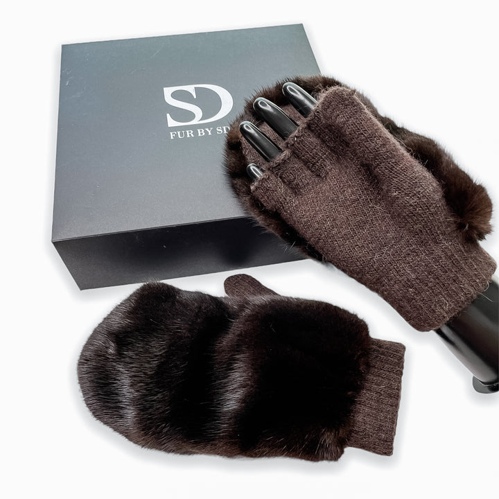 Soft And Warm Brown Wool And Mink Fur Flip Top Gloves