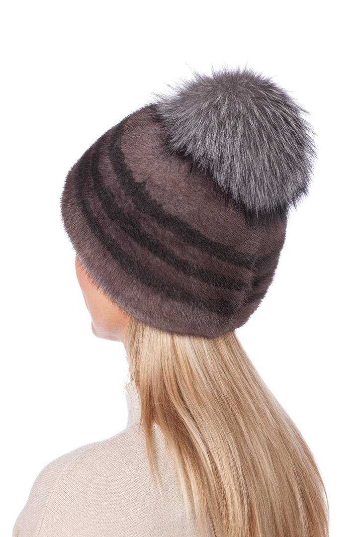 Striped Brown Mink Fur Hat And Silver Fox Bobble