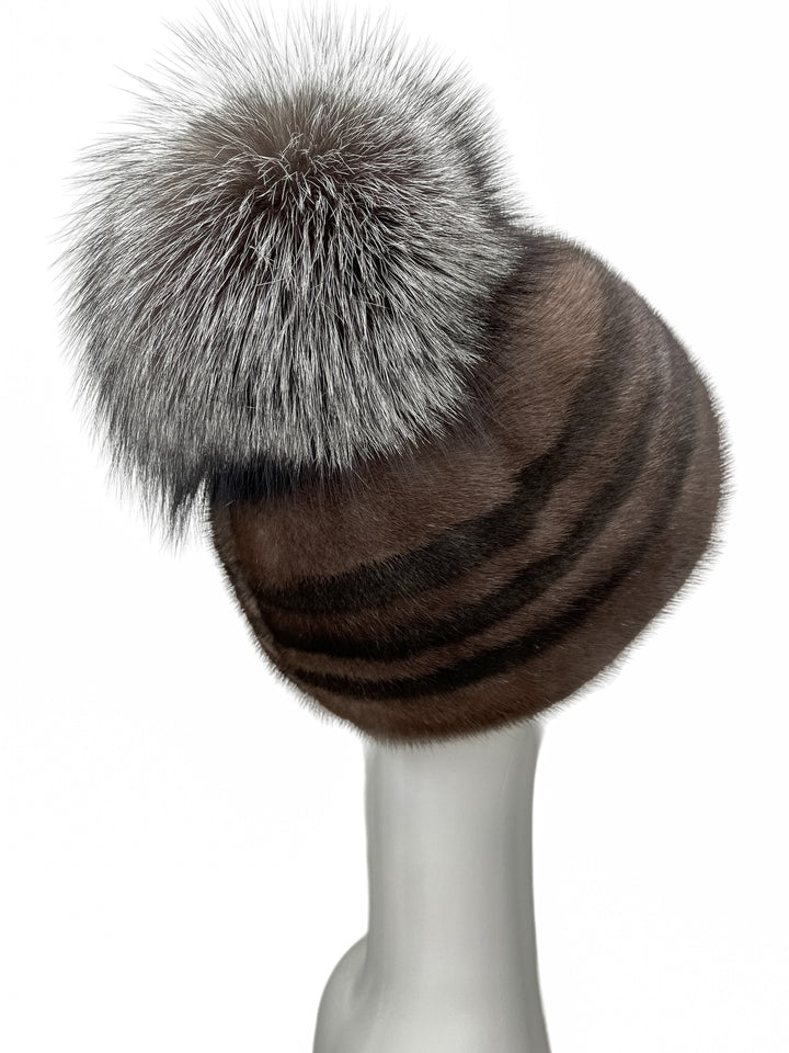 Stylish Comfortable Striped Mink Fur Hat with Silver Fox Bobble