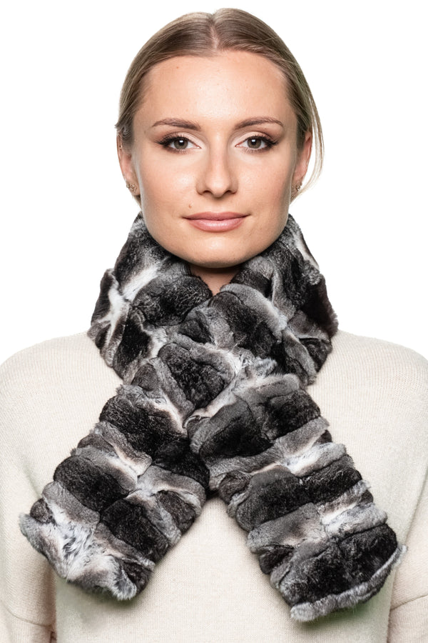 Luxury two side genuine chinchilla fur scarf in soft black, grey, and white tones, shown wrapped around the neck for elegant winter fashion styling.