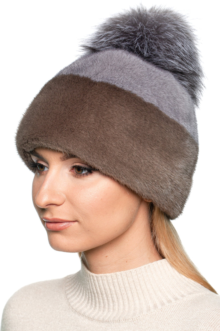 Handmade mink fur beanie hat with fluffy fox fur bobble, brown and grey two-tone design, warm luxury winter hat for women.