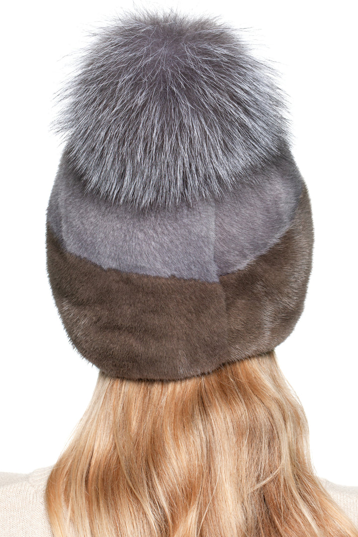 Grey and brown mink fur winter hat with fluffy silver fox fur pom pom, handmade luxury beanie by FurbySD.