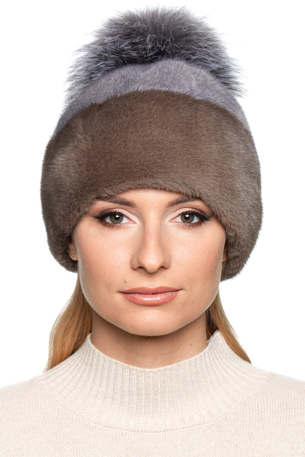 Two tone mink fur hat with silver fox pom pom, grey and brown real fur winter beanie for women, luxury handmade fashion accessory by FurbySD.