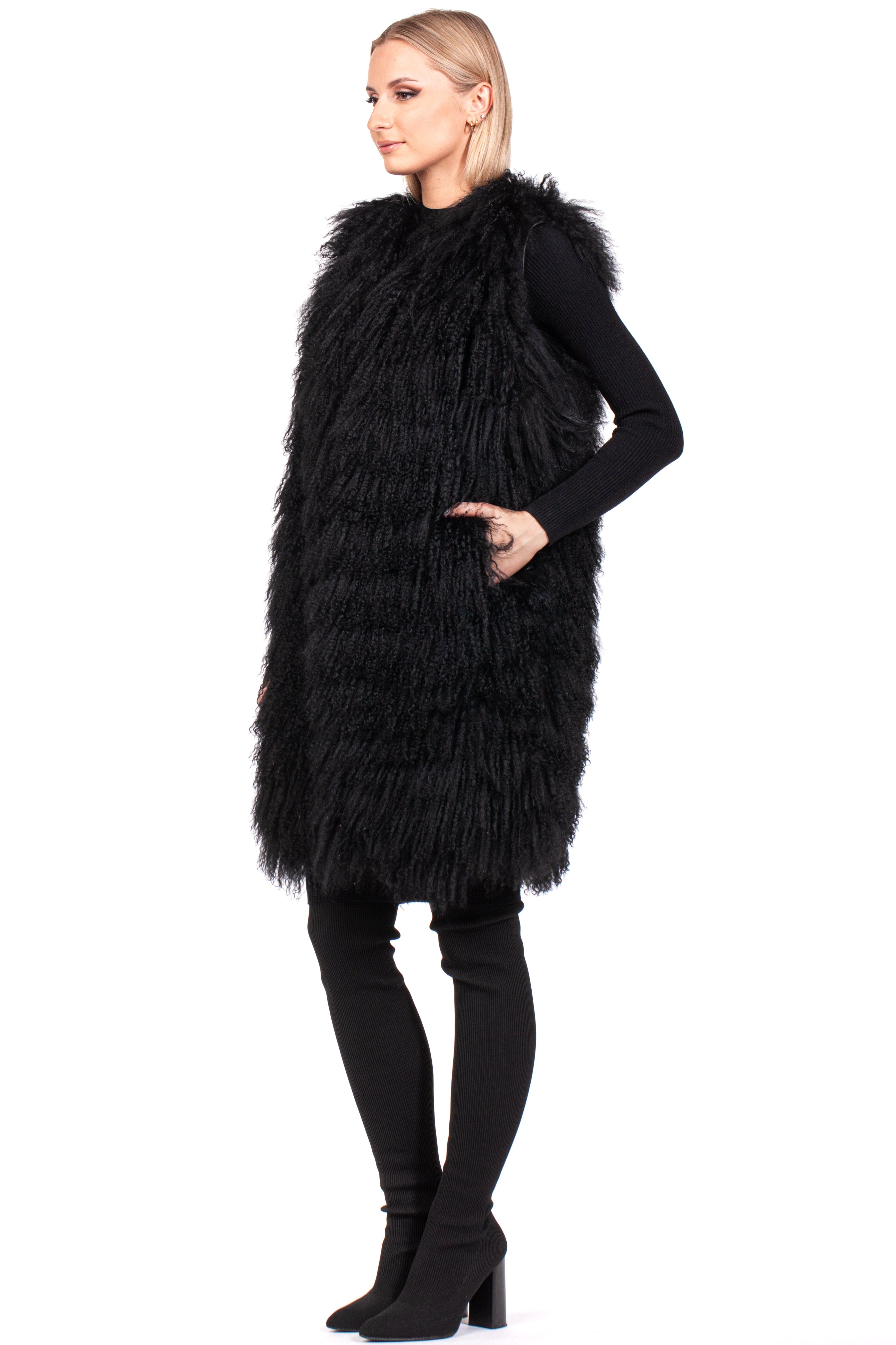 Luxury Black Mongolian Lamb Fur Vest Handmade By FurbySD