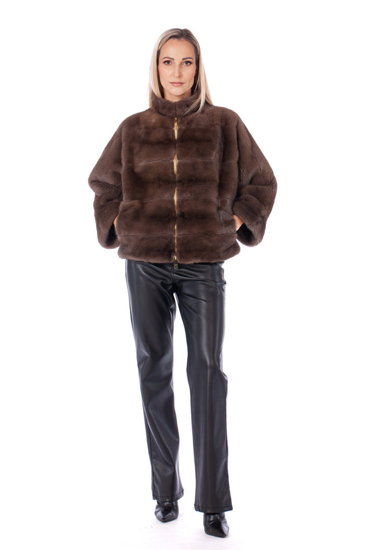 Warm Winter Mink Fur Jacket In Brown Color