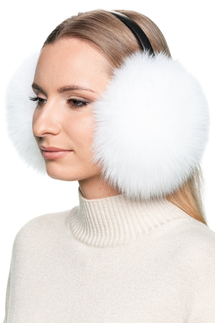 Fashion winter look featuring fluffy white fox fur earmuffs, perfect gift idea for her Christmas or holidays.