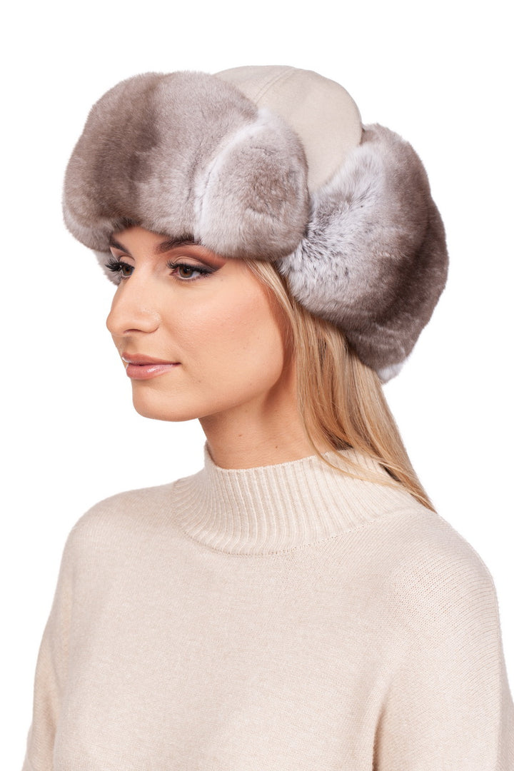 Luxurious beige chinchilla fur trapper ushanka hat crafted with cashmere, ideal for winter wear.