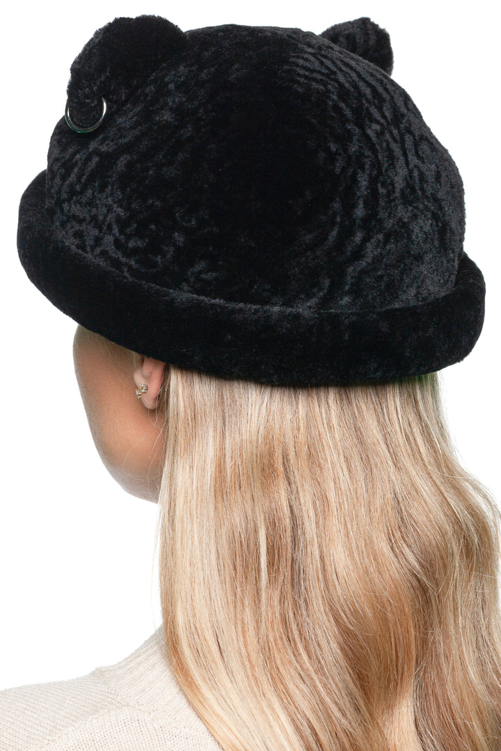 Back view of black lamb fur beanie hat with bear ears, cozy handmade real fur headwear for winter