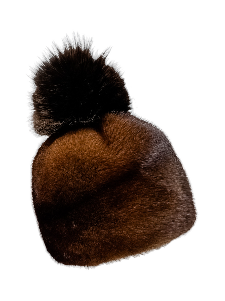 brown mink fur hat with pom pom