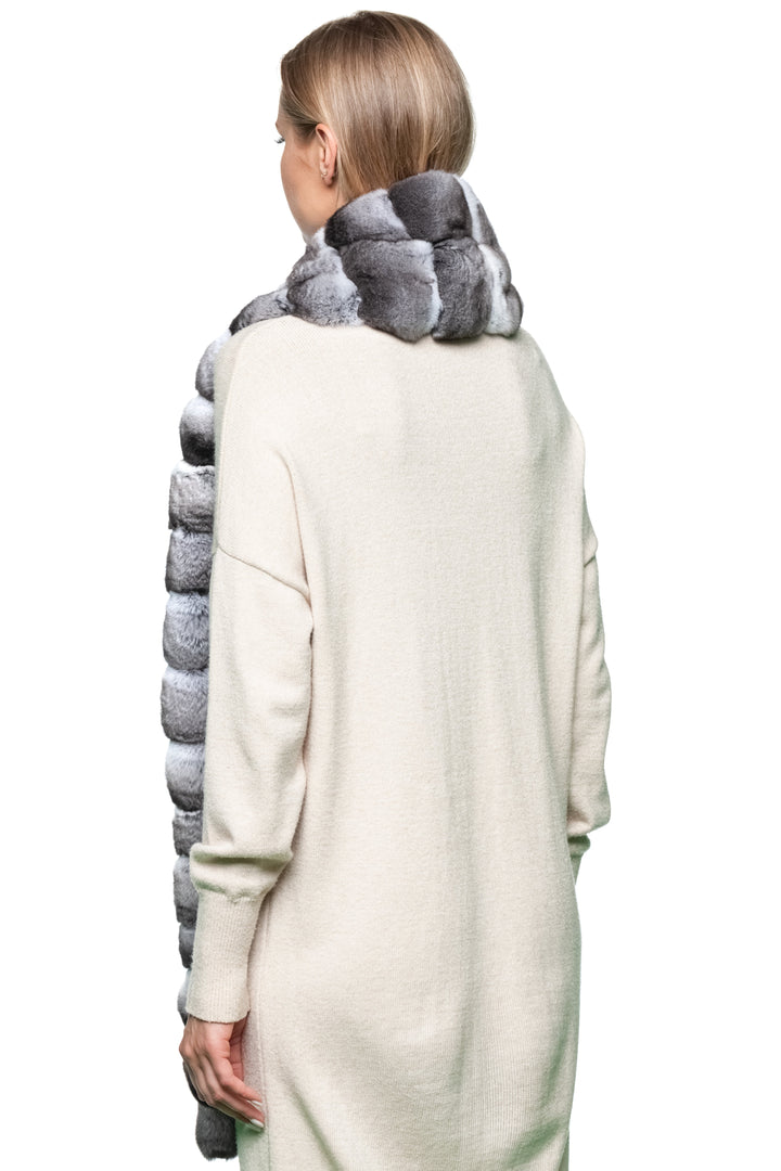 Back angle – model wearing elegant long chinchilla fur scarf draped over shoulders, luxury unisex winter accessory.