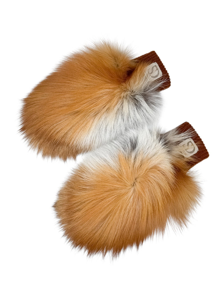 Red fox fur mittens with leather palms and wool lining, luxury women’s winter mittens handmade by FurbySD, fluffy natural fox fur gloves.