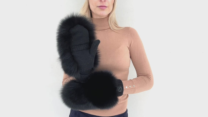 Black Fox Fur And Wool Mittens With Flip Top