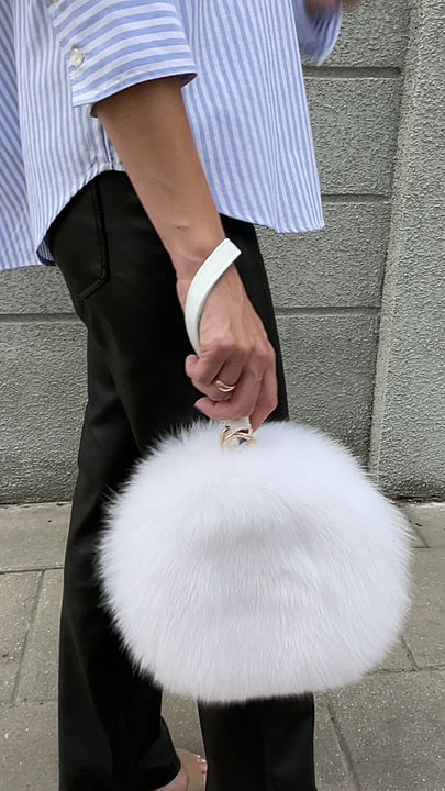 White Fox Fur Round Clutch For Women