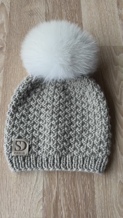 Luxurious FurbySD Handknitted Greige Merino Wool Beanie With Detachable White Fox Fur Pom Pom